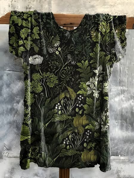 Klasyczny czarny T-shirt z krótkim rękawem i zielonym kwiatowym nadrukiem.