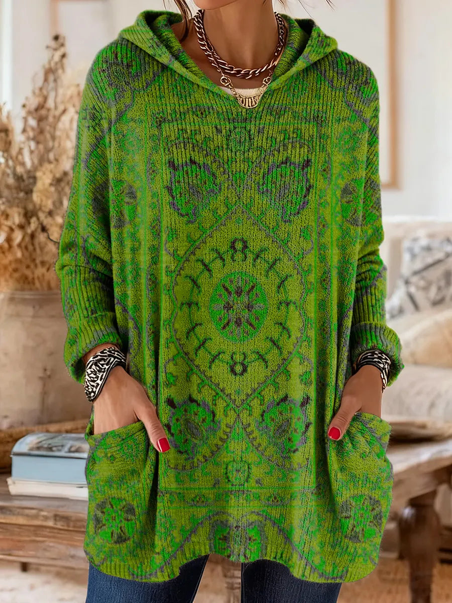 Elegancki i wygodny sweter kaszmirowy z nadrukiem w kwiaty w stylu boho, z kapturem i kieszeniami.