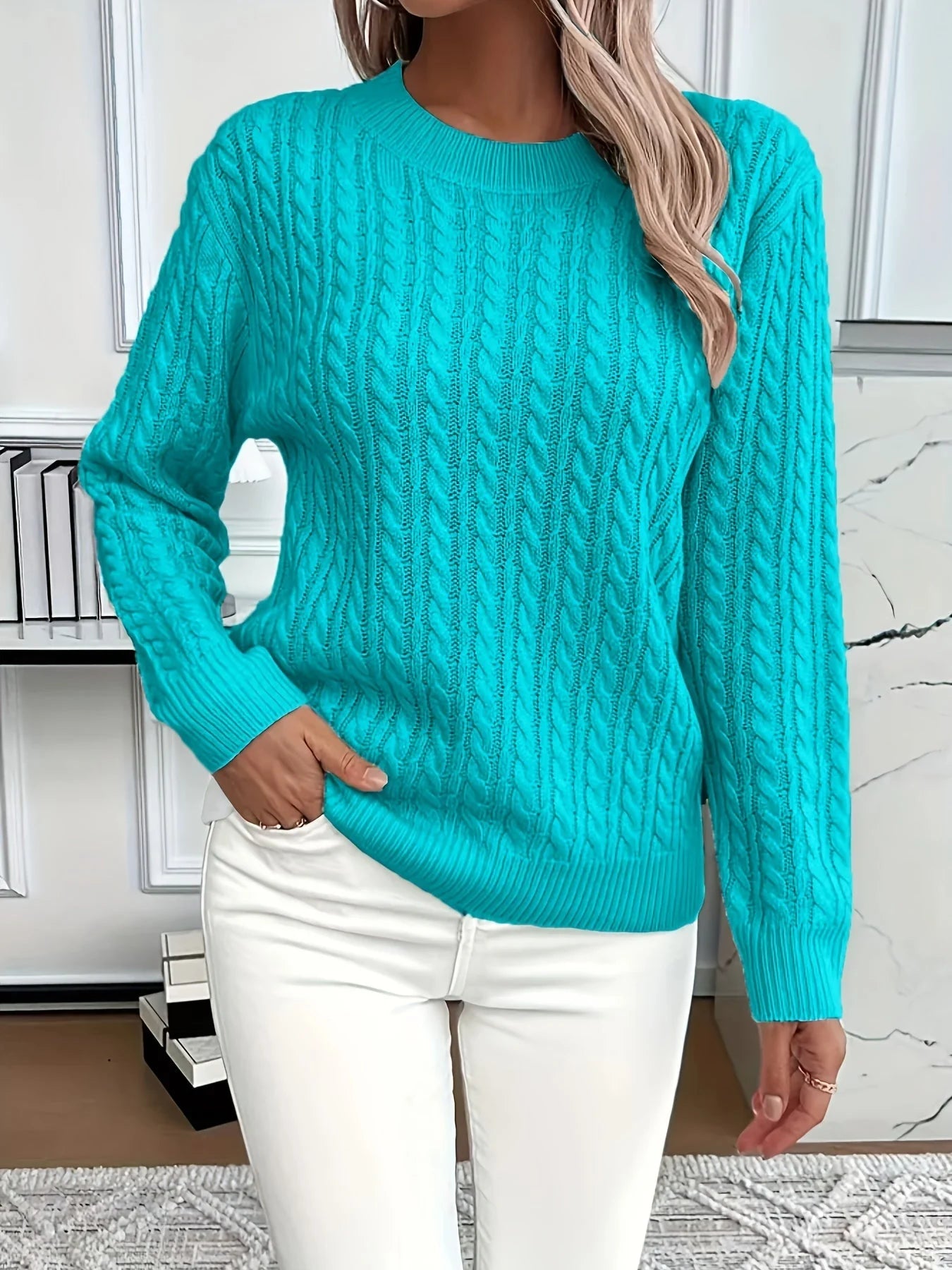 Sweter w stylu retro ze wzorem warkoczowym, okrągłym dekoltem, długimi rękawami, wygodny i uniwersalny.