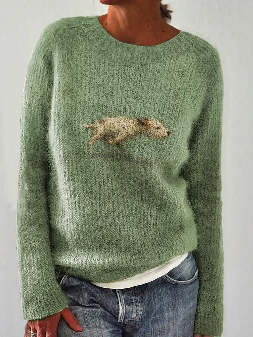 Elegancki i wygodny sweter damski w jednolitym kolorze, ozdobiony wzorem przedstawiającym psa; uniwersalny styl.