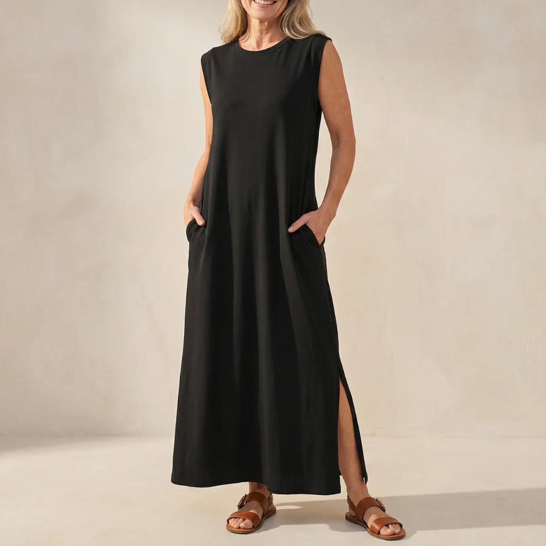 Damska letnia, luźna, monochromatyczna, długa sukienka bez rękawów, zwiewna i emanująca elegancją.