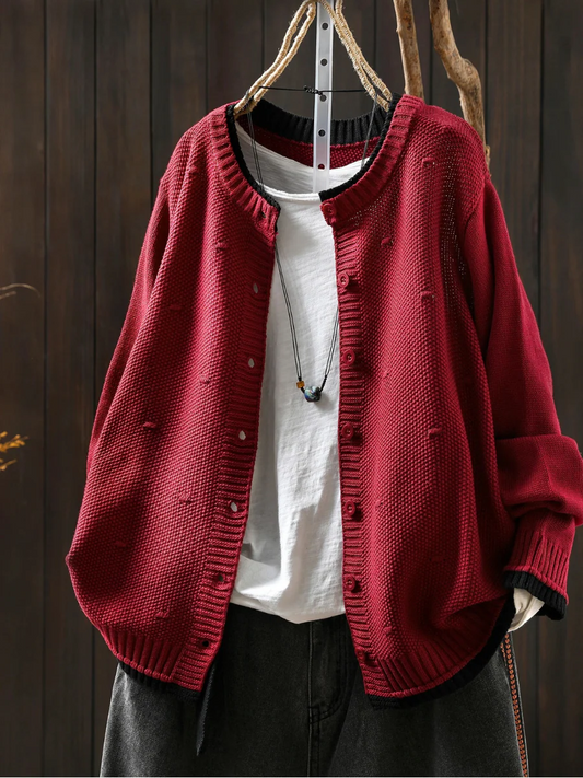 Kardigan z dzianiny bawełnianej w stylu retro z okrągłym dekoltem, uniwersalny i stylowy design, który jest jednocześnie artystyczny i swobodny.