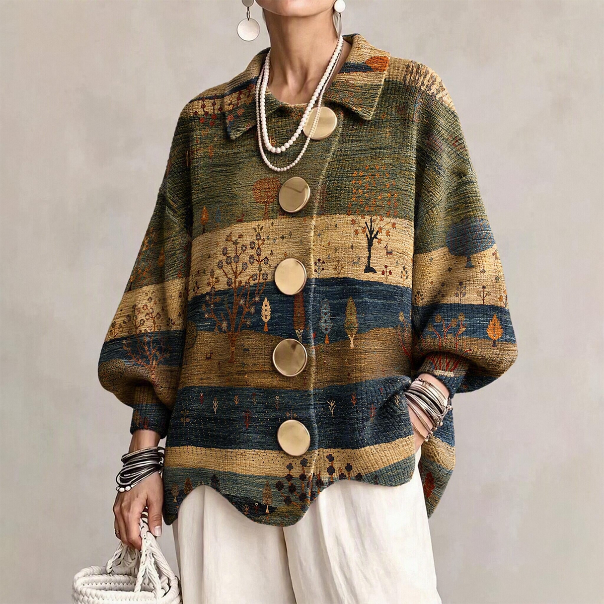 Ten sweter typu kardigan w blokach kolorów ma rękawy typu lampion, duże guziki i elegancki wzór drzewa, dzięki czemu jest wygodny, stylowy i uniwersalny.