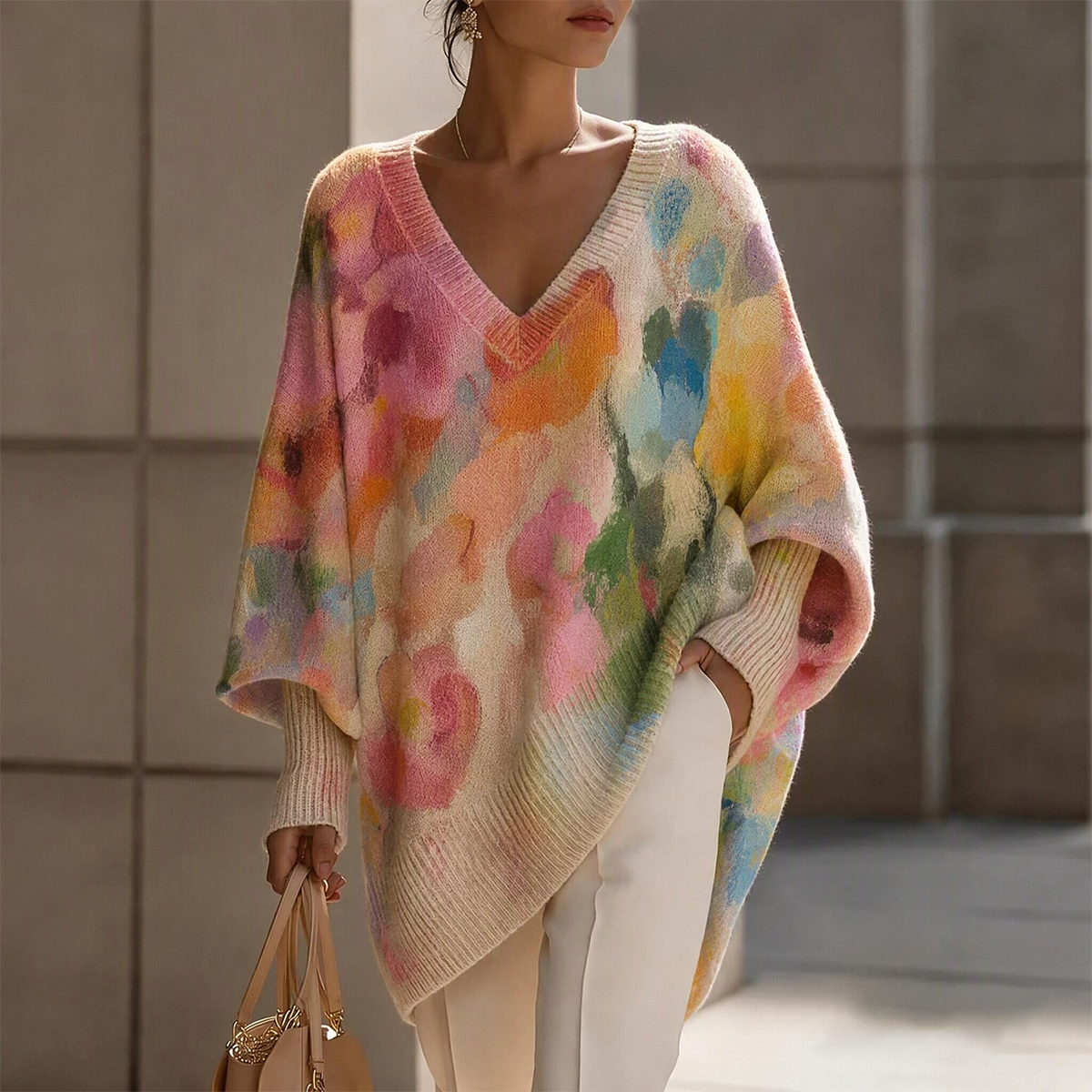 Kolorowy sweter z kwiatowym wzorem wykonanym techniką tie-dye ma swobodny krój z opuszczonymi ramionami, dzięki czemu zapewnia swobodny i wygodny wygląd.