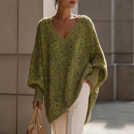 Ten sweter w kolorze zielonej matcha zdobi ciemny kwiatowy wzór i szerokie rękawy, dzięki czemu nadaje swobodny i wygodny wygląd.