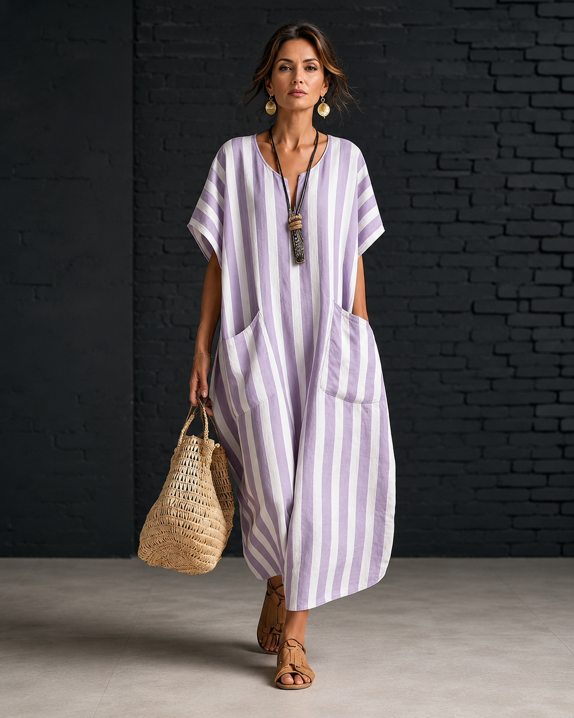 Nowa luźna sukienka z paskami w kolorze V, elegancki styl casual