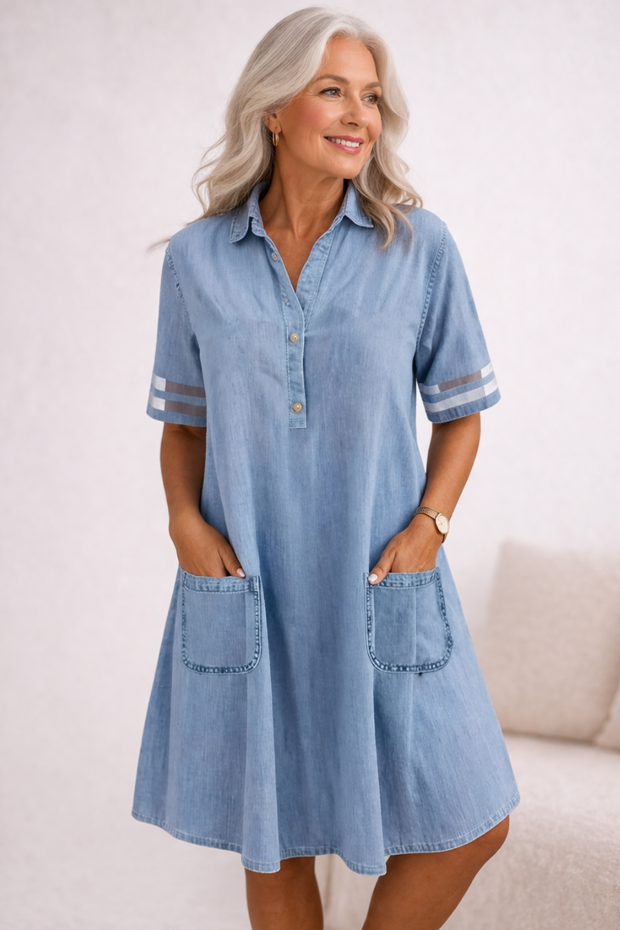 Świeża i elegancka sukienka jeansowa z krótkim rękawem, która emanuje żywym duchem.