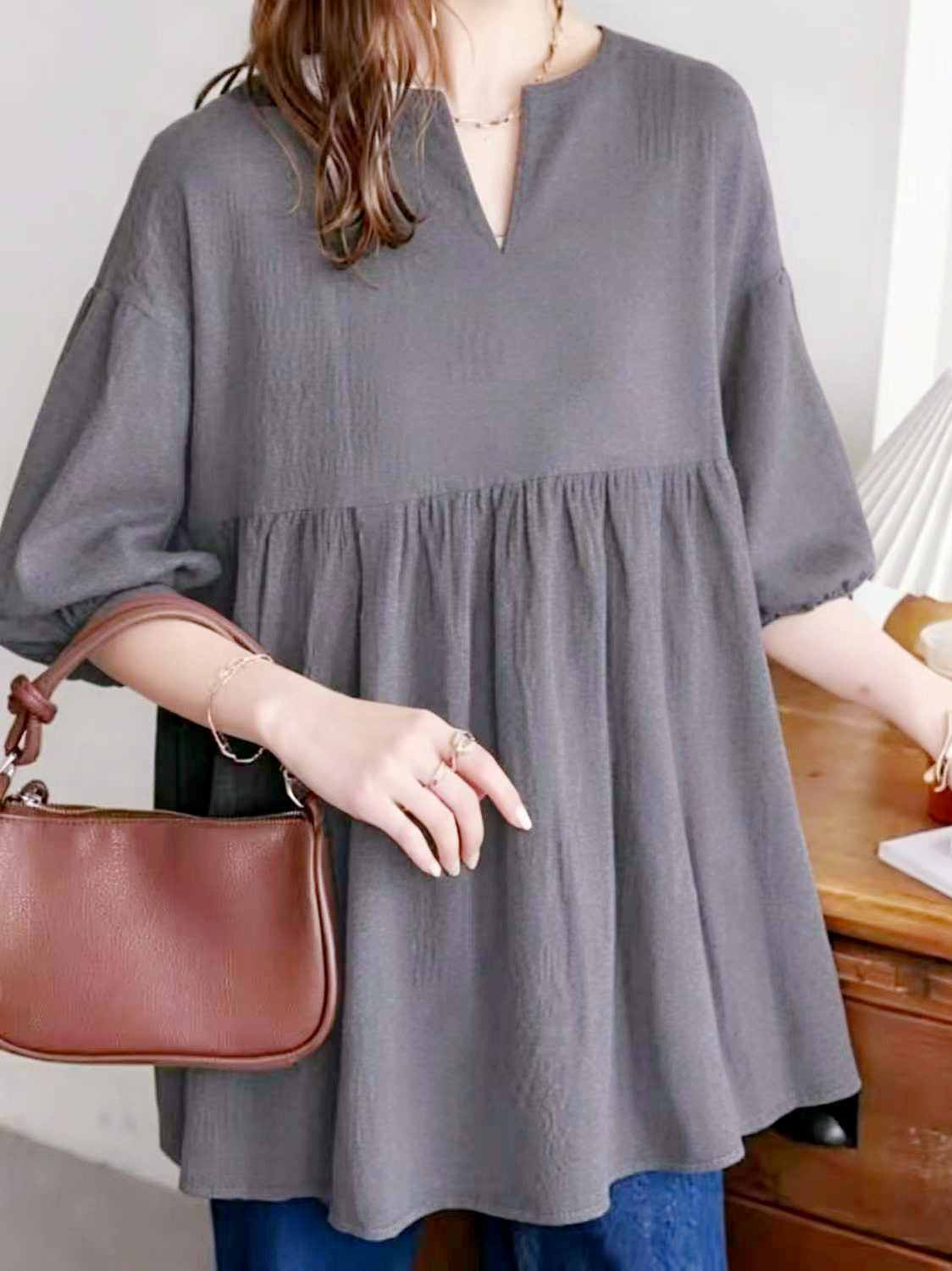 Damski top w jednolitym kolorze, plus-size, rękawy 3/4, luźny krój