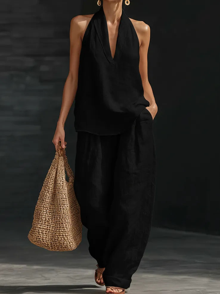 Ten dwuczęściowy zestaw casualowy dla kobiet zawiera stylową koszulę-kamizelkę z dekoltem w serek, idealną na wiosenne wakacje i podróże — casualowy, a zarazem modny.