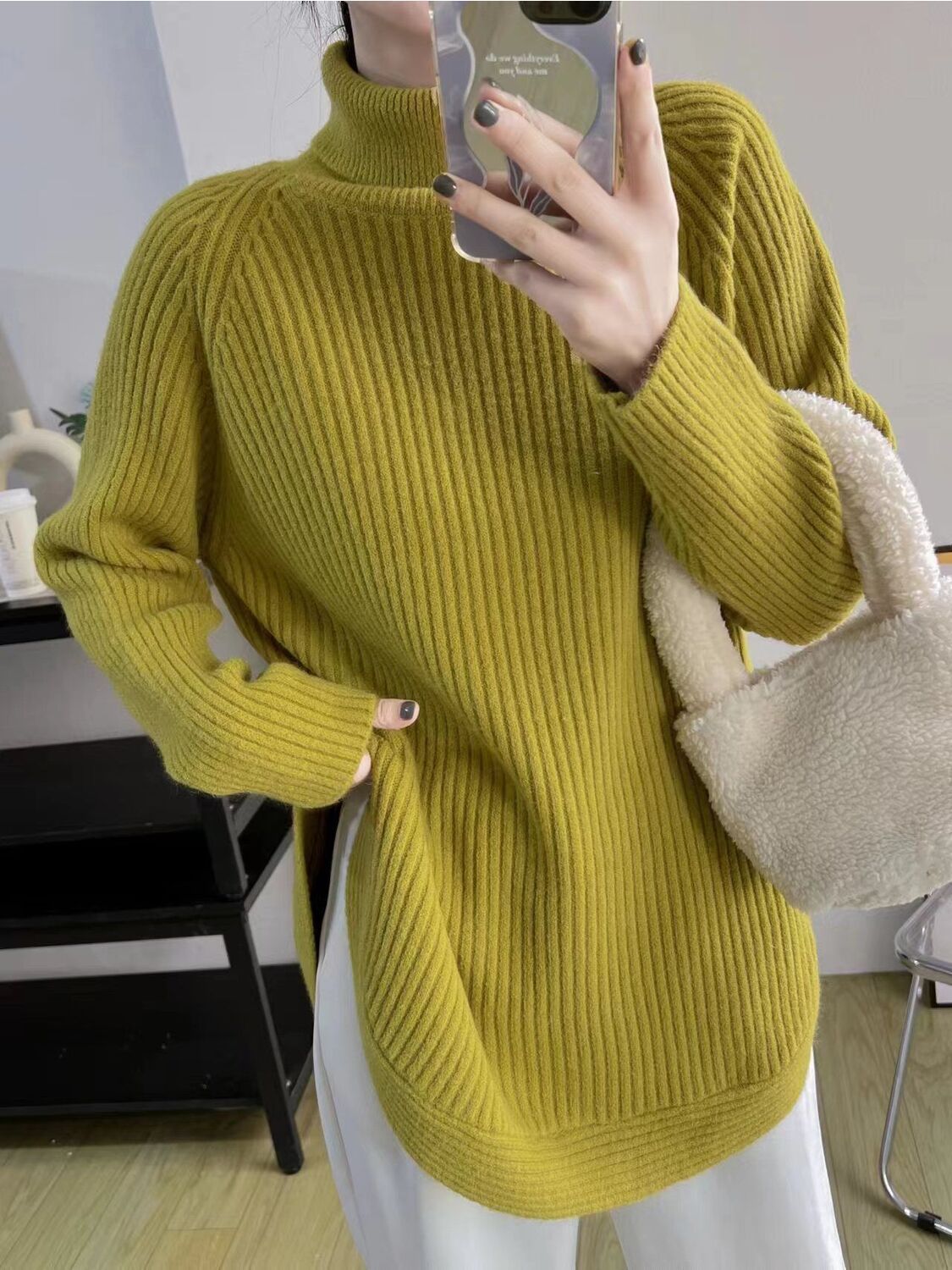 Damski luźny i elegancki sweter z półgolfem, w jednolitym kolorze, na co dzień