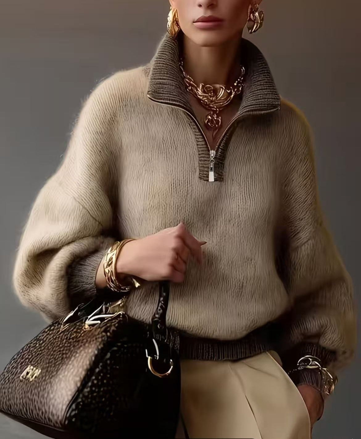Damski sweter na jesień/zimę, dzianinowy, w blokach kolorów, z dekoltem zapinanym na pół suwakiem, elegancki i wygodny, miękki i przyjemny w dotyku, swobodny i uniwersalny.