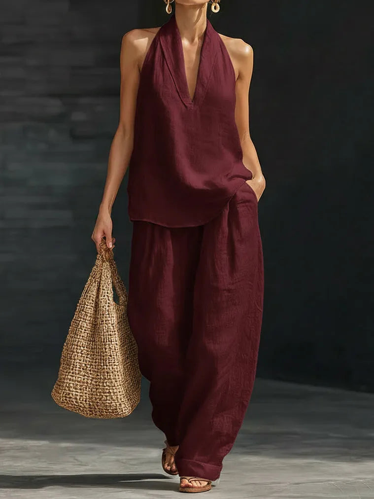 Ten dwuczęściowy zestaw casualowy dla kobiet zawiera stylową koszulę-kamizelkę z dekoltem w serek, idealną na wiosenne wakacje i podróże — casualowy, a zarazem modny.