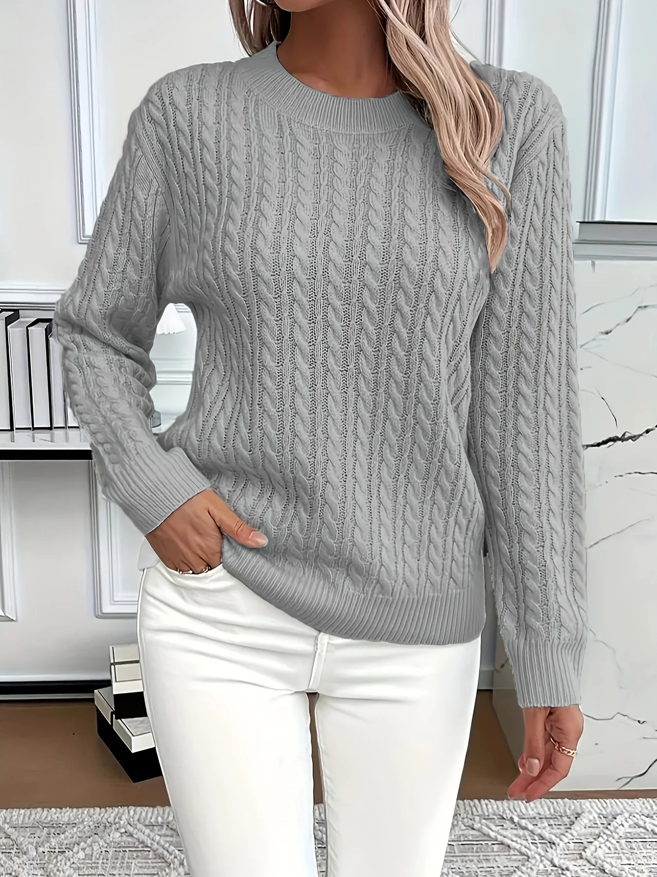 Sweter w stylu retro ze wzorem warkoczowym, okrągłym dekoltem, długimi rękawami, wygodny i uniwersalny.