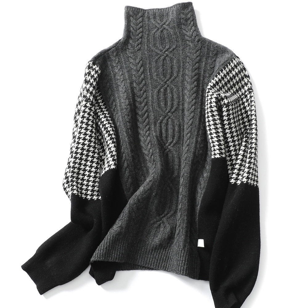Elegancki i wygodny sweter z golfem w czarno-szarą pepitkę i kratę