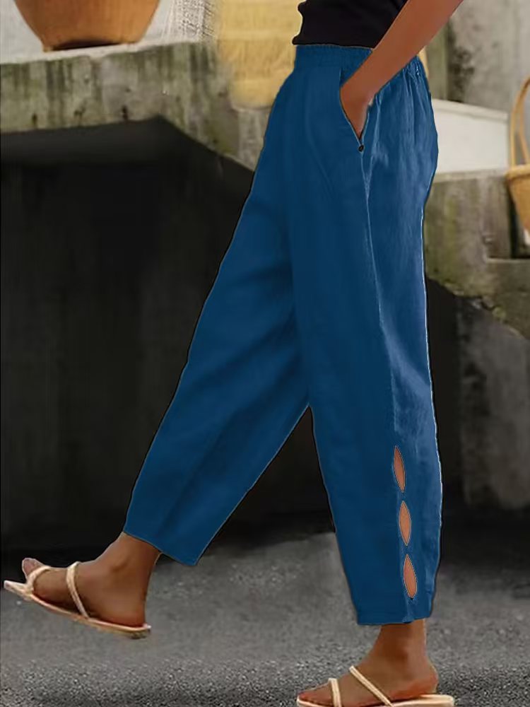 Nowe spodnie damskie, bawełniane i lniane, w jednolitym kolorze, modne, codzienne, w stylu casual, z kieszeniami bocznymi.