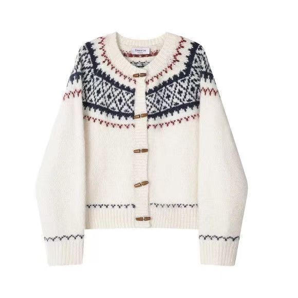 Elegancki i wygodny sweter kaszmirowy o minimalistycznym stylu, z geometrycznym nadrukiem i zapięciem na guziki.