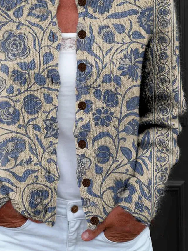 Elegancki i wygodny szary kardigan z pięknym niebieskim wzorem kwiatowym