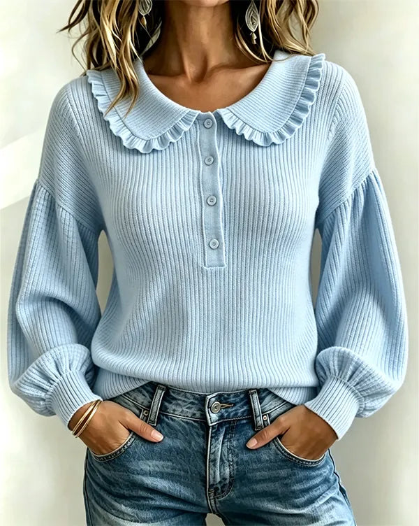 Ten sweter z kołnierzykiem typu Piotruś Pan w stylu francuskim idealnie nadaje się na jesień i zimę, emanując energią i stylem.