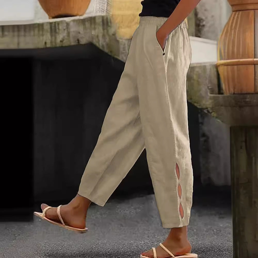 Nowe spodnie damskie, bawełniane i lniane, w jednolitym kolorze, modne, codzienne, w stylu casual, z kieszeniami bocznymi.