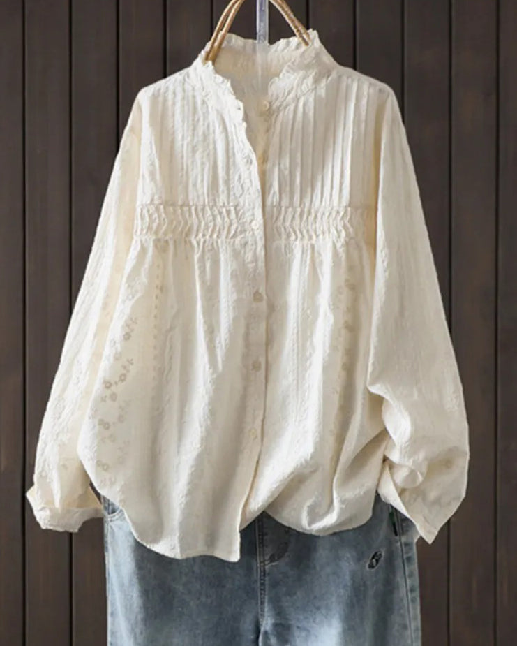 Nowa, luźna koszula w stylu francuskim z zakładkami harmonijkowymi, wykonana z czystej bawełny i ozdobiona haftowanym wzorem kwiatowym.