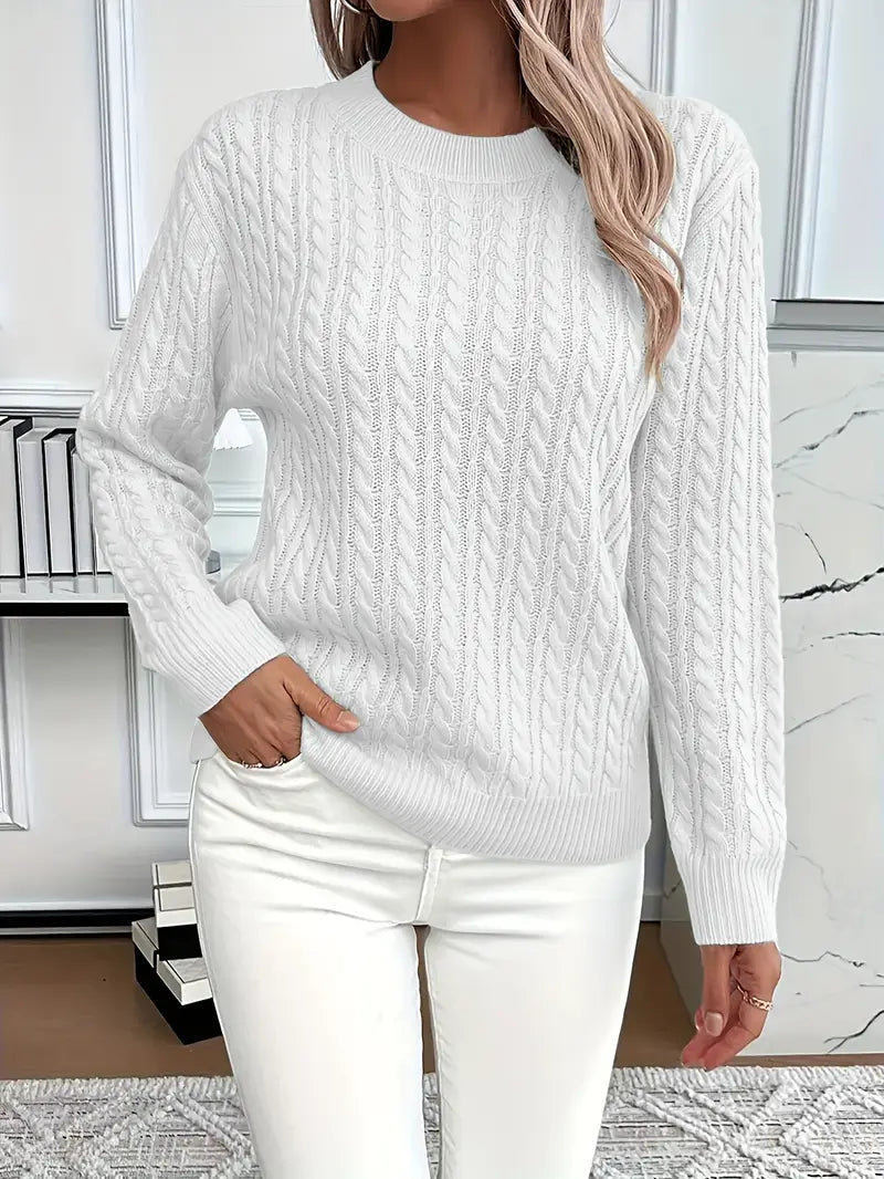 Sweter w stylu retro ze wzorem warkoczowym, okrągłym dekoltem, długimi rękawami, wygodny i uniwersalny.