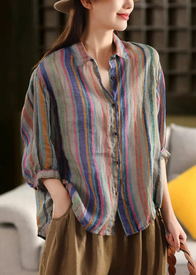 Wygodna damska koszula z rękawem 3/4, kolorowymi paskami, długimi rękawami i zapięciem na guziki