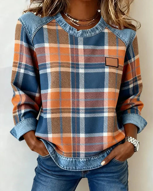 Nowa, luźna bluza damska z denimu w kratę i patchworkowym wzorem, z okrągłym dekoltem