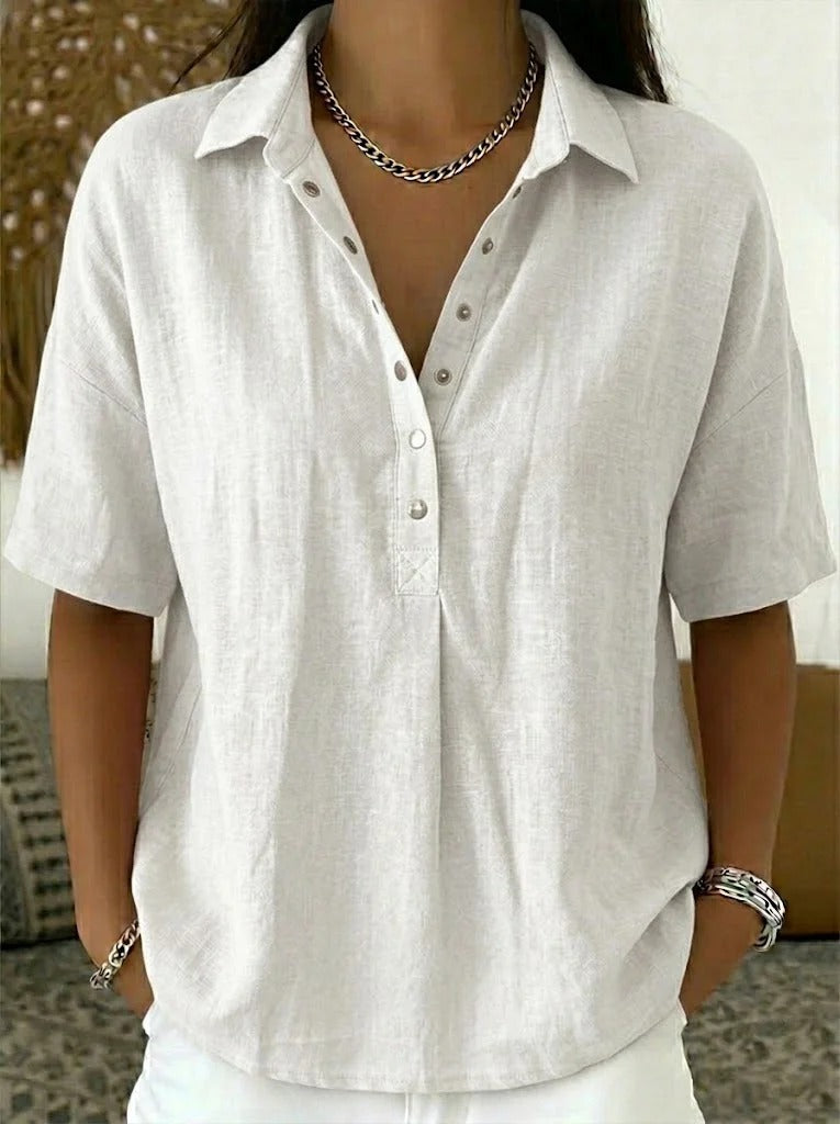 Nowa, letnia, damska, luźna, wygodna koszula z kołnierzykiem i krótkim rękawem w jednolitym kolorze