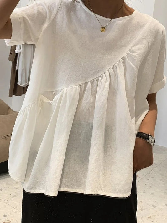 Minimalistyczny, luksusowy i szykowny top typu babydoll w stylu francuskim z okrągłym dekoltem