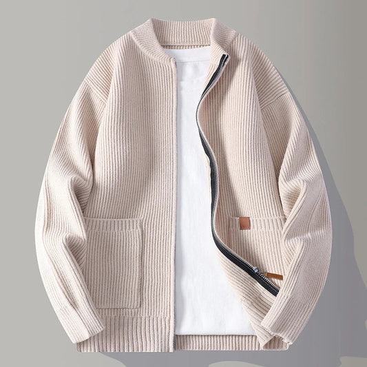 Męski jesienny sweter kardigan z dzianiny zapinany na zamek, modny design kieszeni, uniwersalny styl