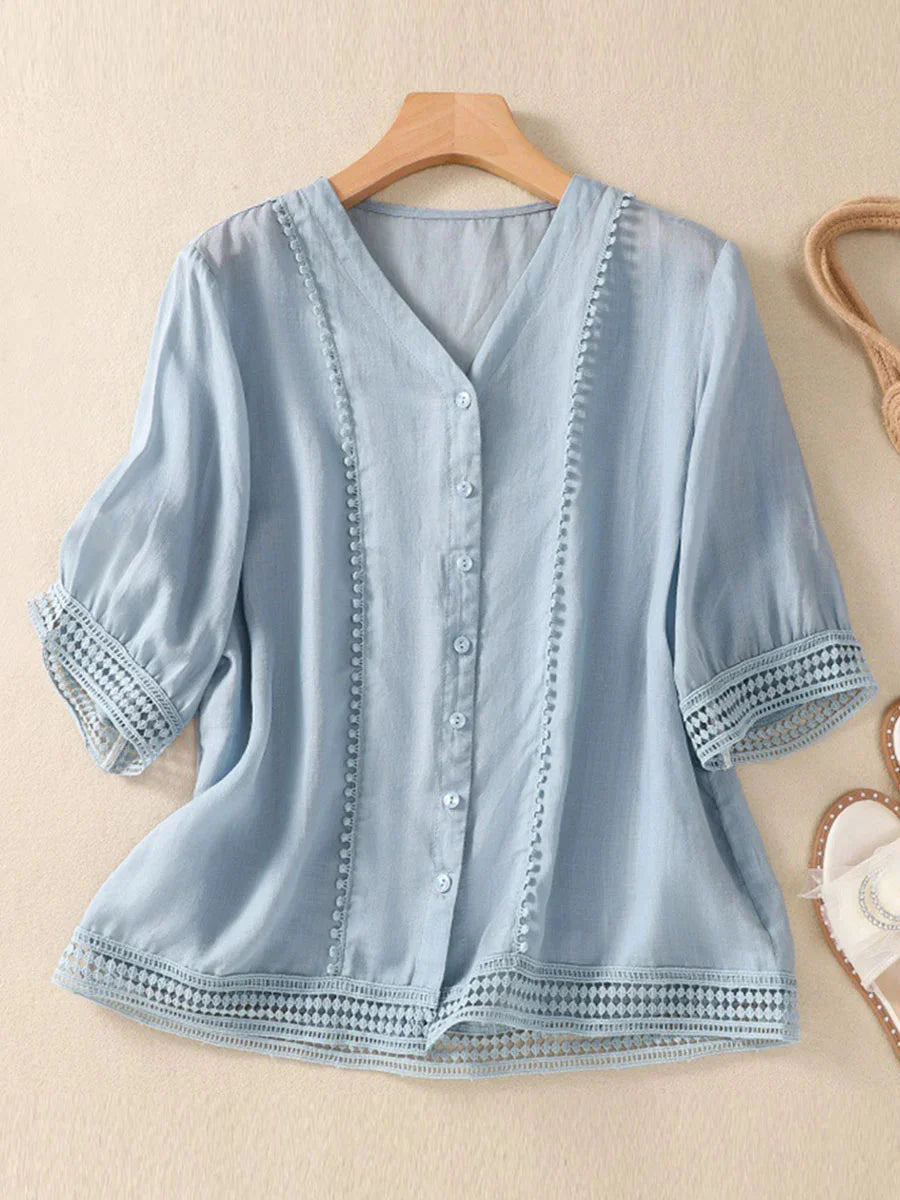 Nowa letnia koszula szydełkowa z bawełny i lnu, artystyczny, elegancki i retro top z bawełny i lnu.