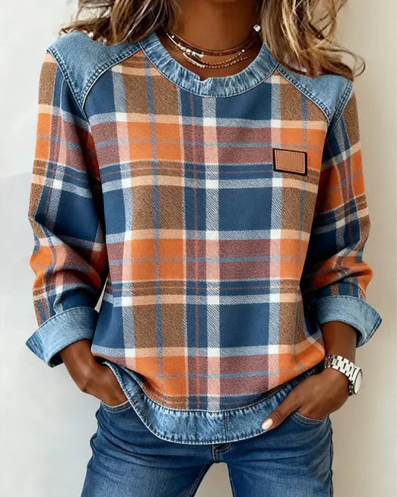 Nowa, luźna bluza damska z denimu w kratę i patchworkowym wzorem, z okrągłym dekoltem