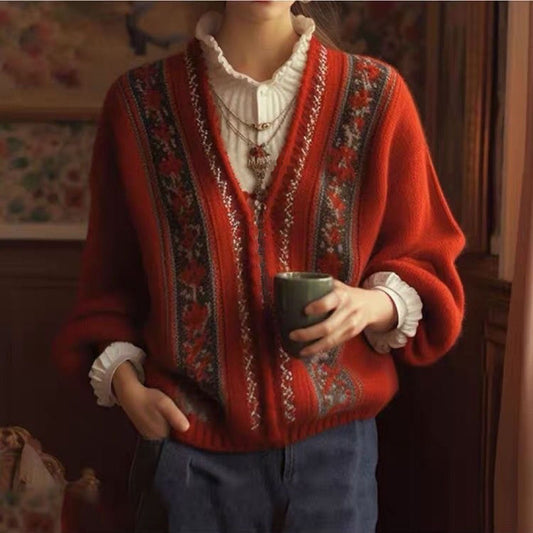 Elegancki i wygodny sweterek żakardowy w kolorze czerwonym w stylu retro