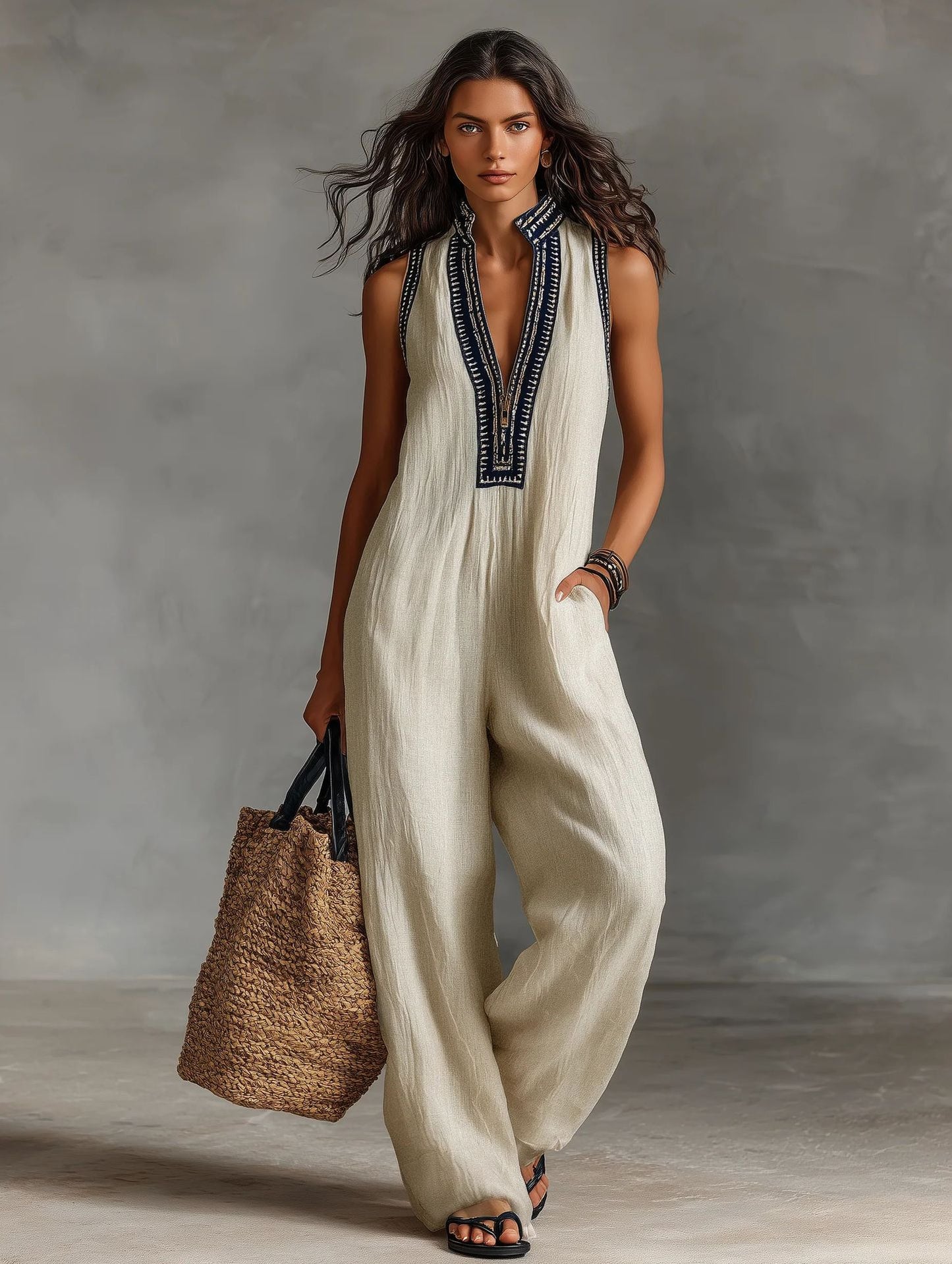 Prosty kombinezon bez rękawów z mieszanki lnu, zapinany na zamek i ze stójką, haftowany