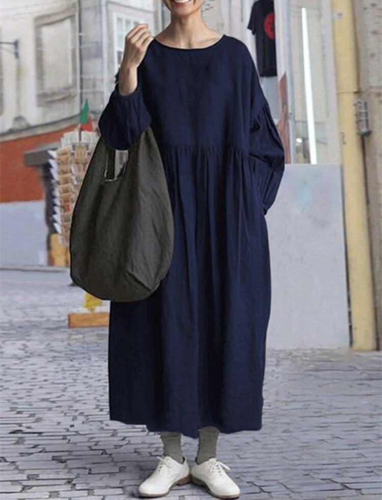 Luźna i wygodna bawełniano-lniana sukienka z długim rękawem i okrągłym dekoltem