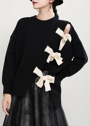 Nowy czarny sweter plus-size damski z kokardką, wygodny i uniwersalny.
