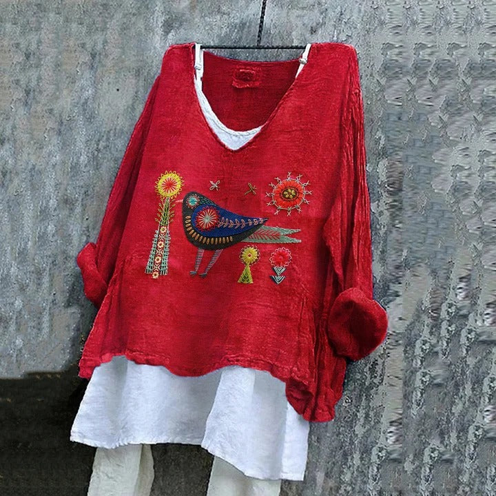 Elegancka i wygodna wielokolorowa koszula z mieszanki lnu z haftowanym wzorem ptaków