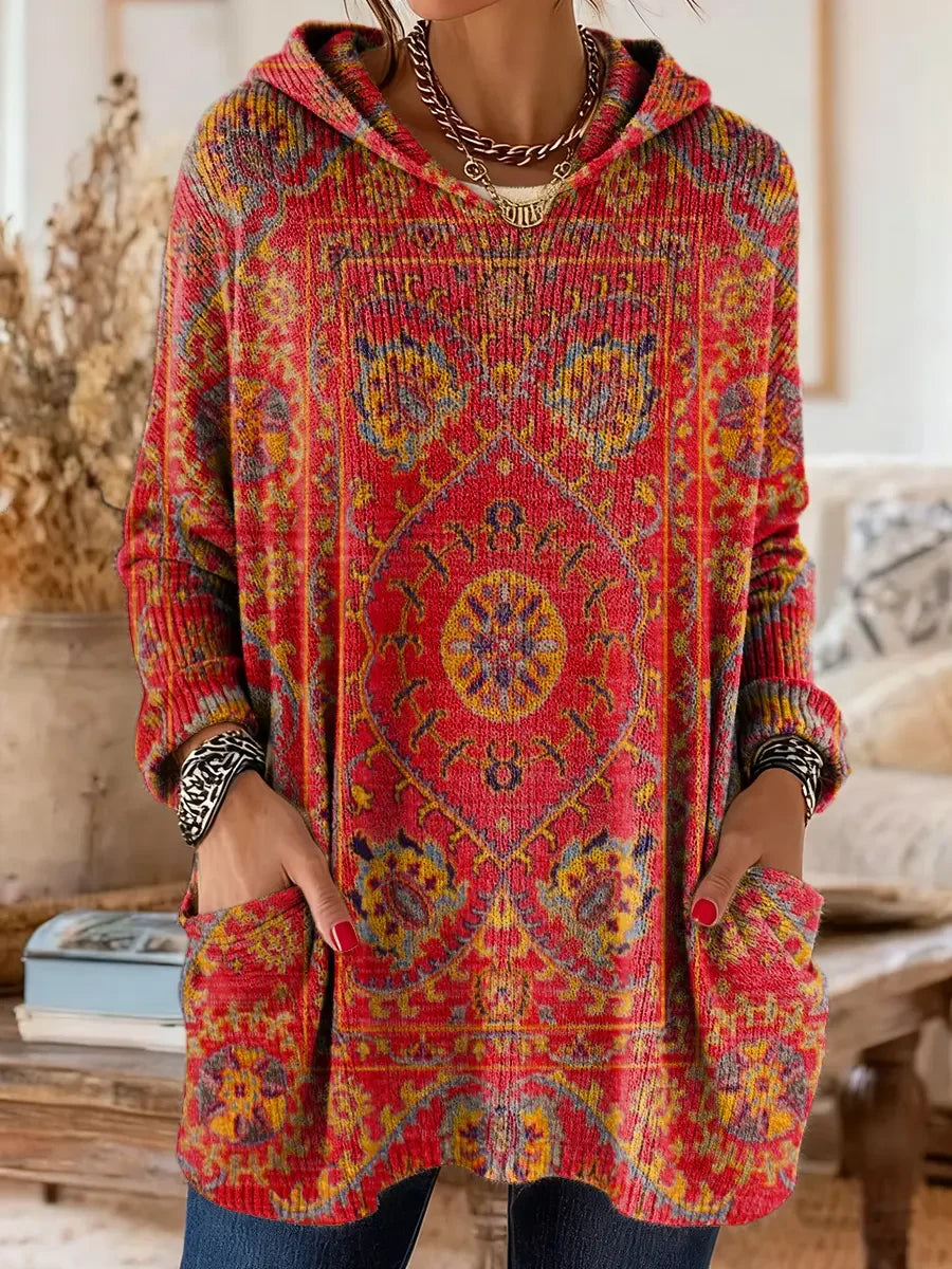 Elegancki i wygodny sweter kaszmirowy z nadrukiem w kwiaty w stylu boho, z kapturem i kieszeniami.