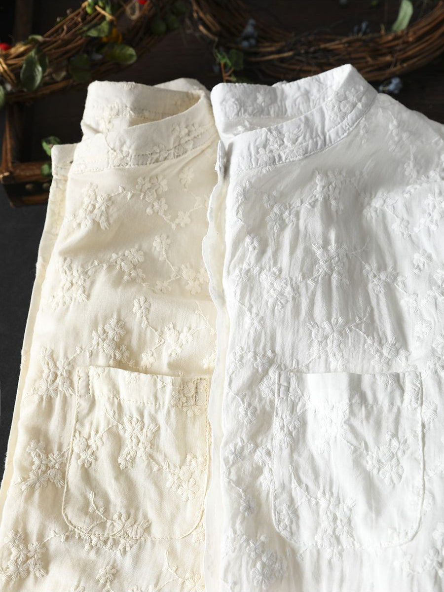 Damska, słodka i uniwersalna, biała koszula z długim rękawem, zapinana na guziki, z haftowanym wzorem i stójką