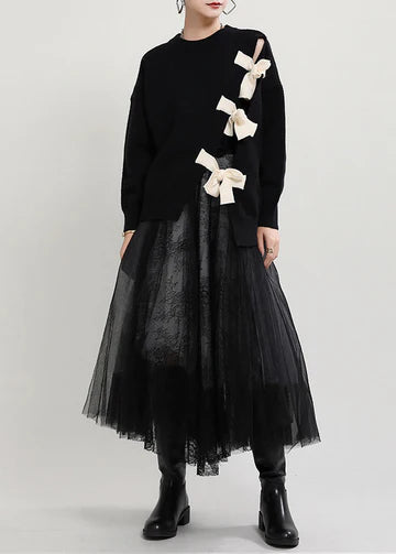 Nowy czarny sweter plus-size damski z kokardką, wygodny i uniwersalny.