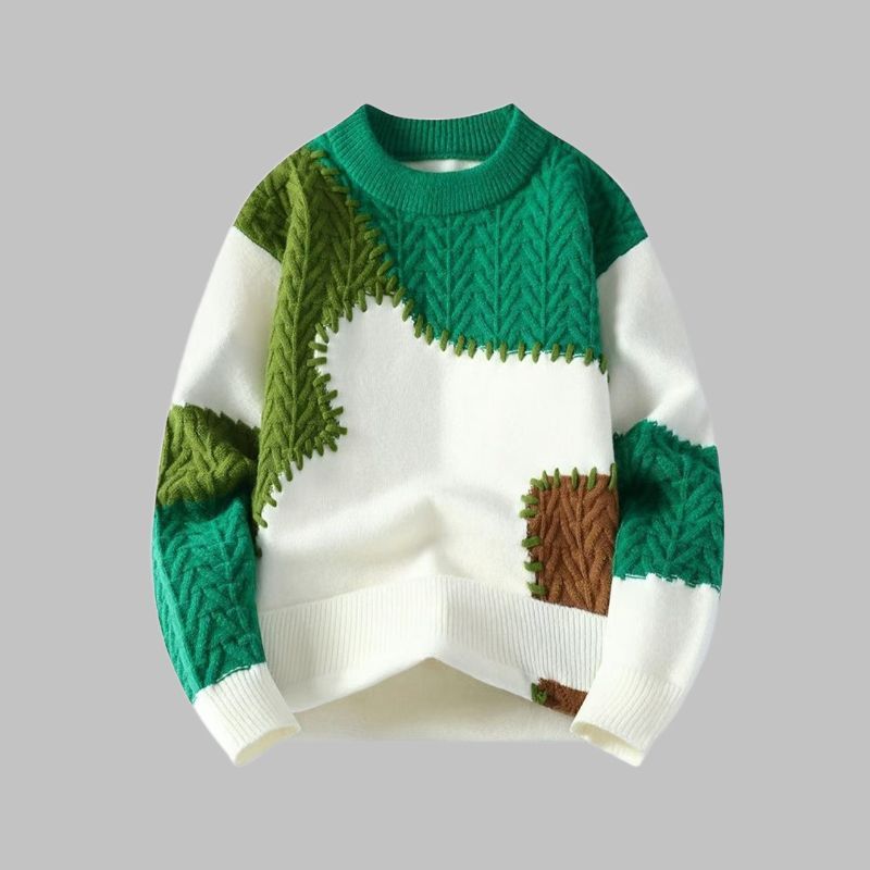 Męski sweter na jesień/zimę, wielokolorowy, patchworkowy, z blokami kolorów, ciepły i wygodny.