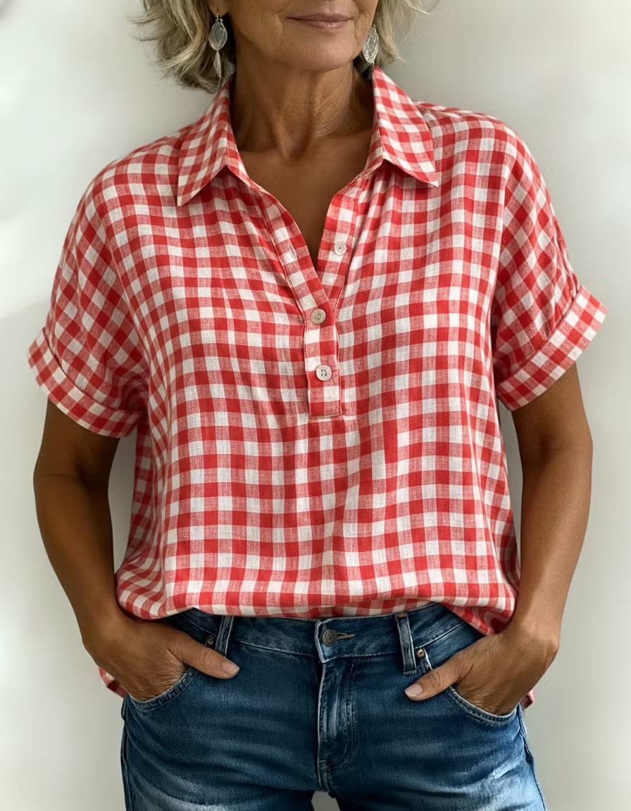 Zupełnie nowy, letni damski top w kratę, pełen artystycznego polotu i eleganckiego stylu.