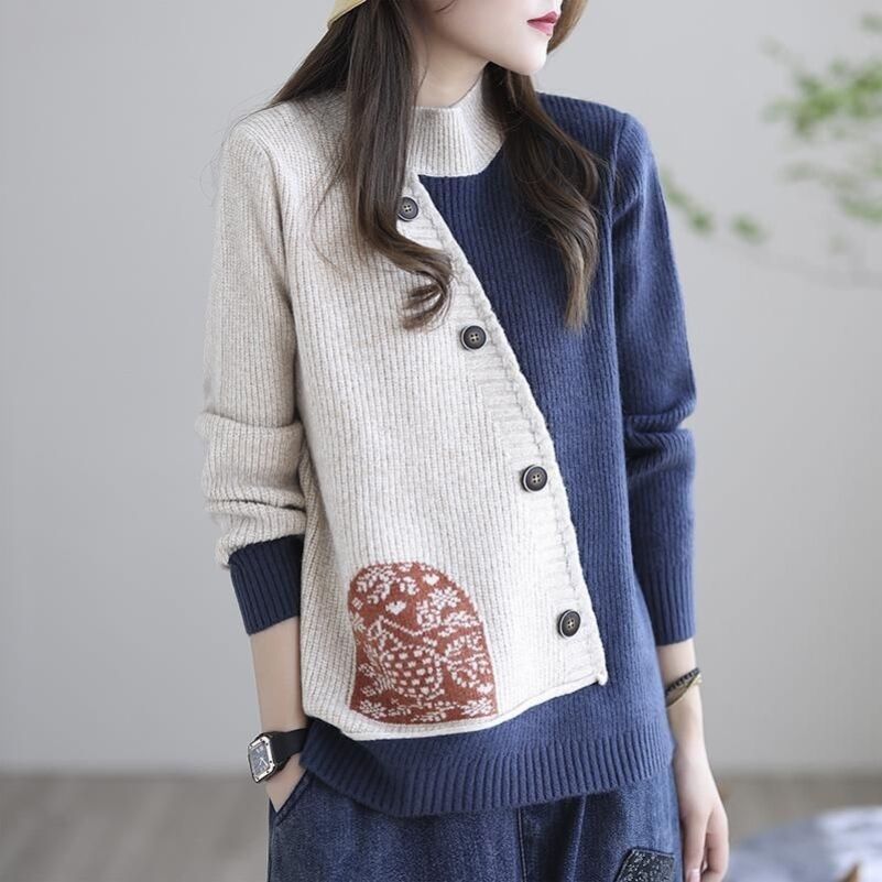 Damski sweter z golfem z kaszmiru w stylu retro, z blokami kolorów, uniwersalny, ciepły i wygodny.