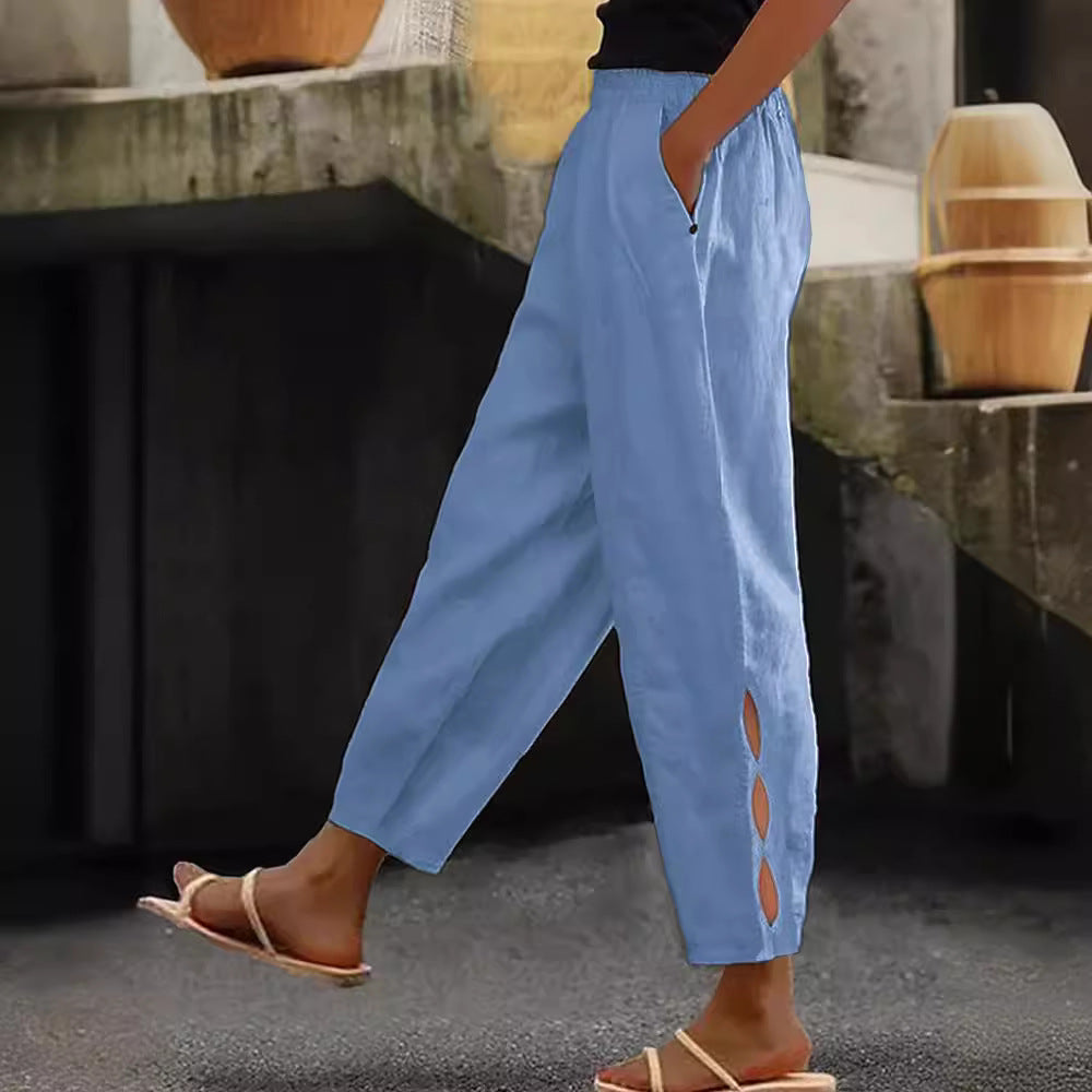 Nowe spodnie damskie, bawełniane i lniane, w jednolitym kolorze, modne, codzienne, w stylu casual, z kieszeniami bocznymi.