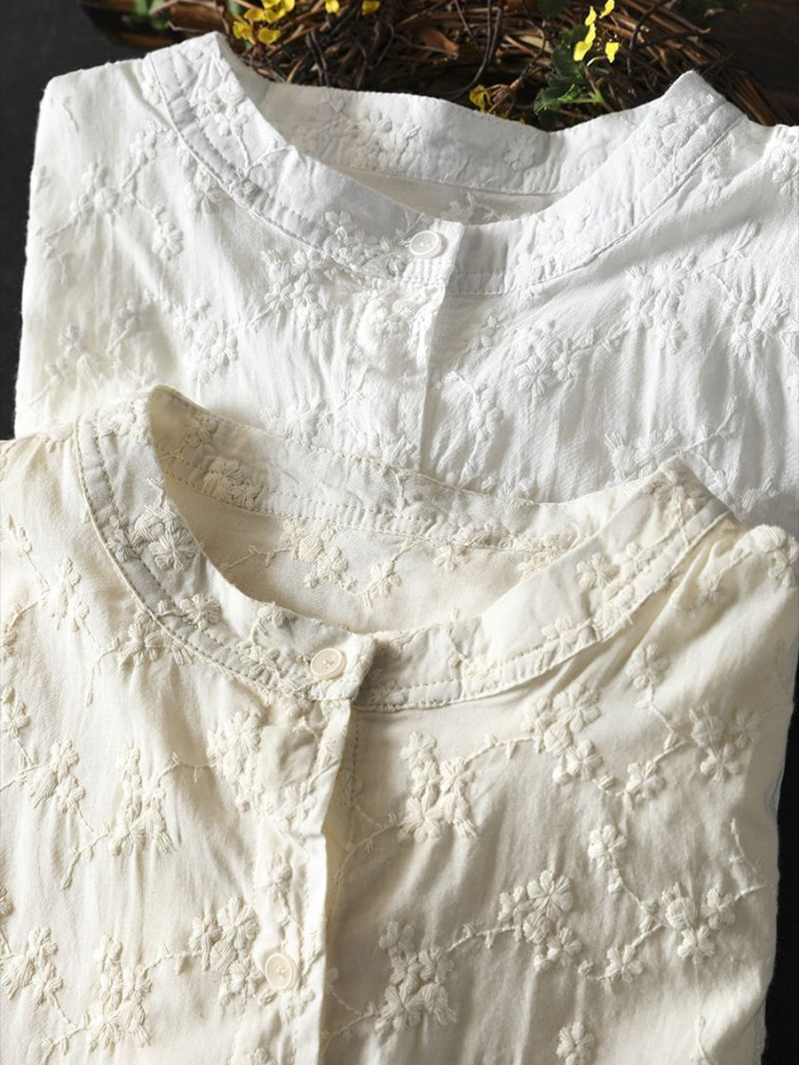 Damska, słodka i uniwersalna, biała koszula z długim rękawem, zapinana na guziki, z haftowanym wzorem i stójką