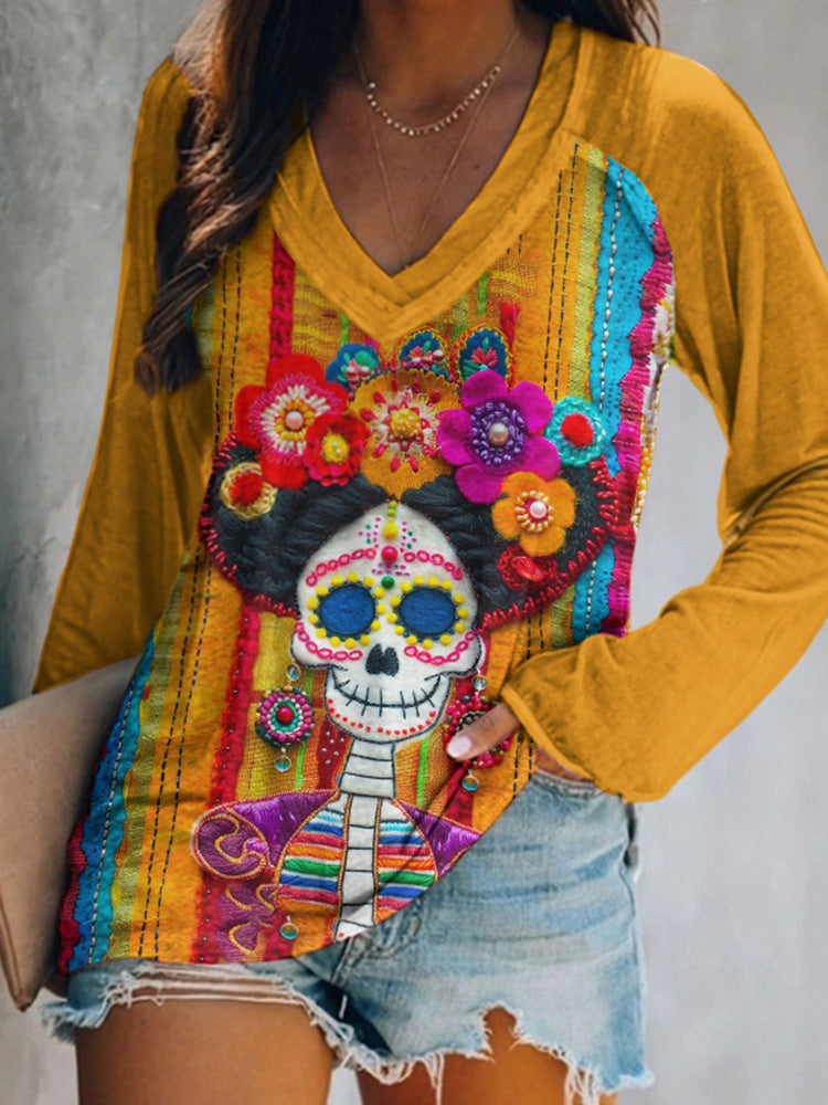 Damska koszulka z meksykańską cukrową czaszką Katrina Day of the Dead inspirowana grafiką, swobodnym T-shirtem z długim rękawem