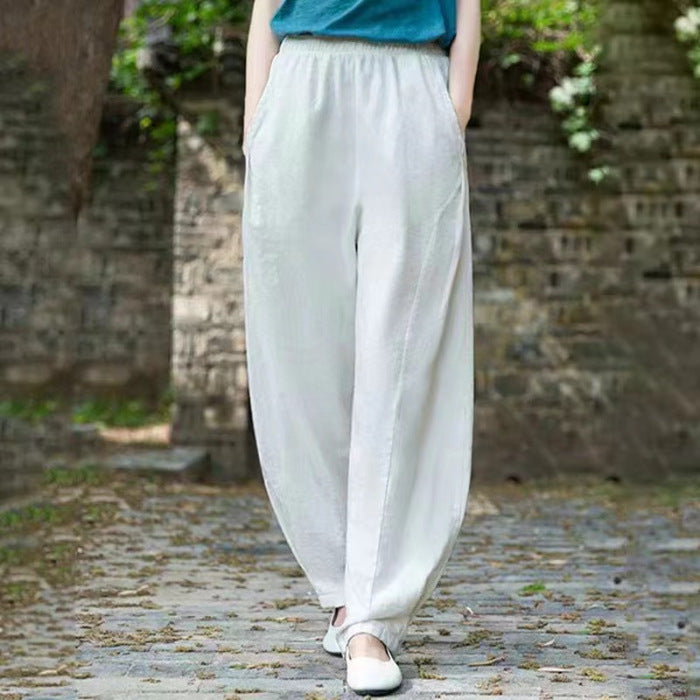 Eleganckie i wygodne, jednokolorowe, luźne, oddychające spodnie casualowe z bawełny i lnu