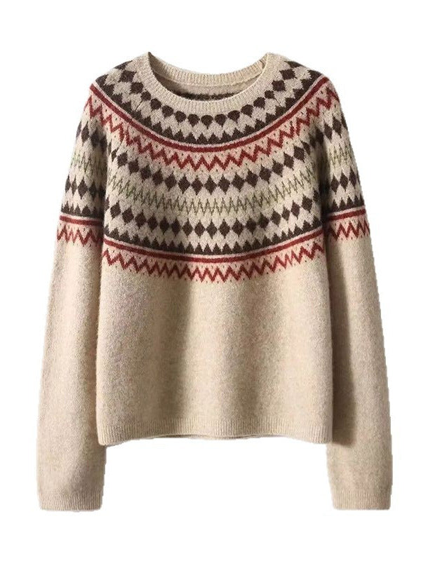 Elegancki i wygodny wełniany sweter z falistym kwiatowym wzorem i okrągłym dekoltem, dostępny w dwóch kolorach.