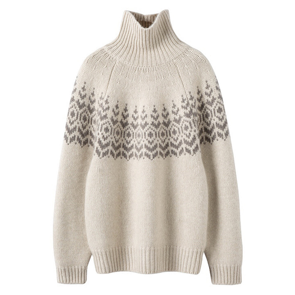 Elegancki i wygodny sweter z golfem, miękki i ciepły, z geometrycznym wzorem żakardowym.