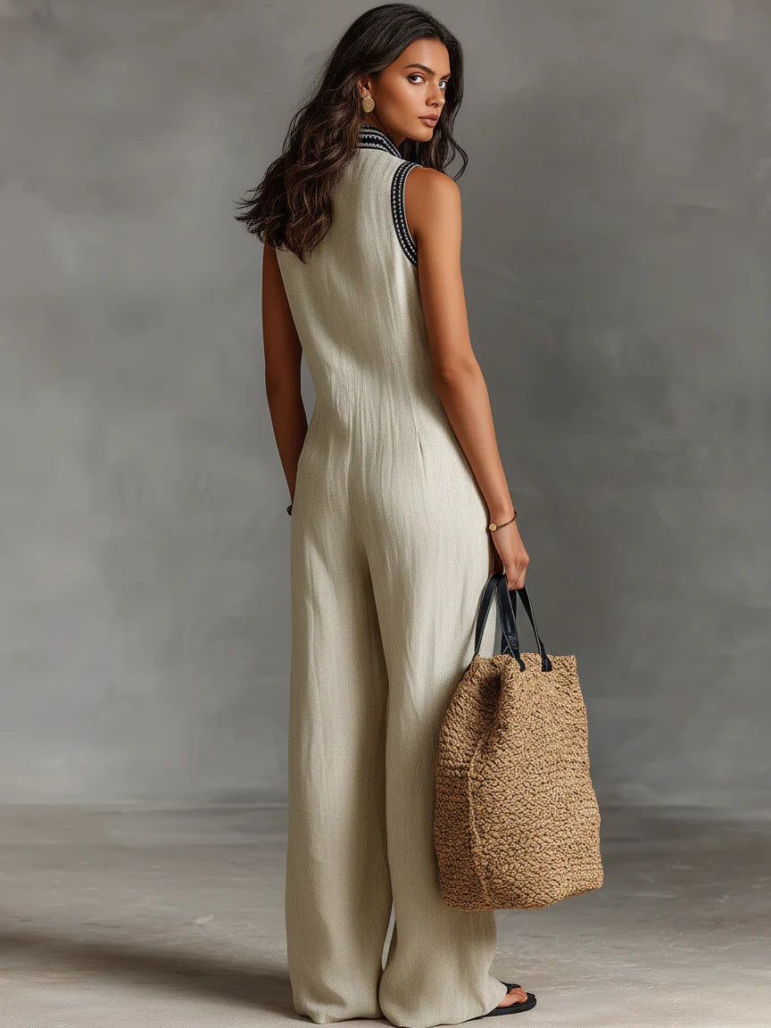 Prosty kombinezon bez rękawów z mieszanki lnu, zapinany na zamek i ze stójką, haftowany